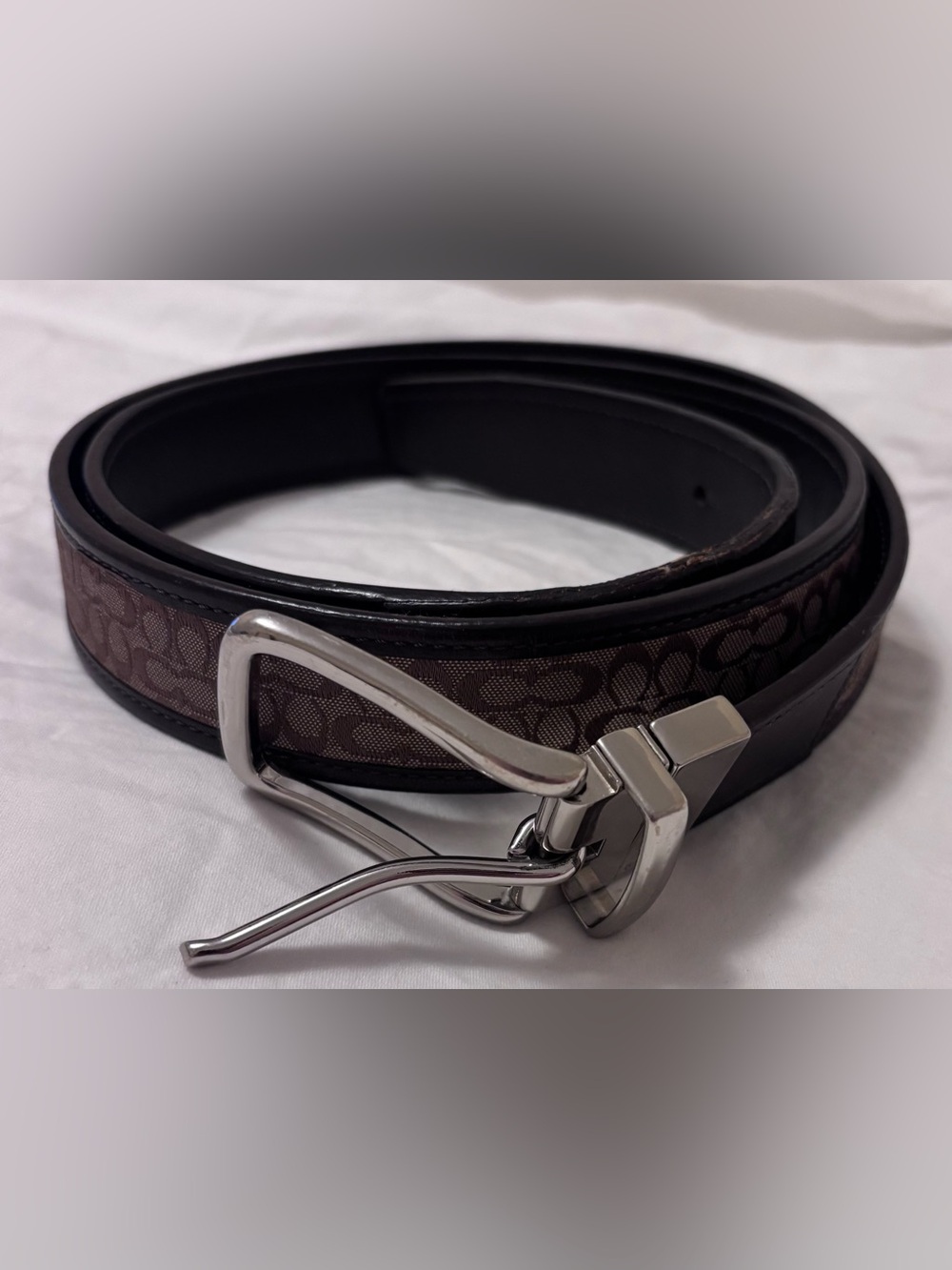 Coach Reversible Signature Canvas Brown Leather Belt Size L 42” Silver Buckle
